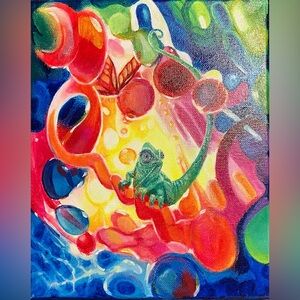 Original Chameleon Painting Colorful vibrant surrealistic Canvas lollipop EAE